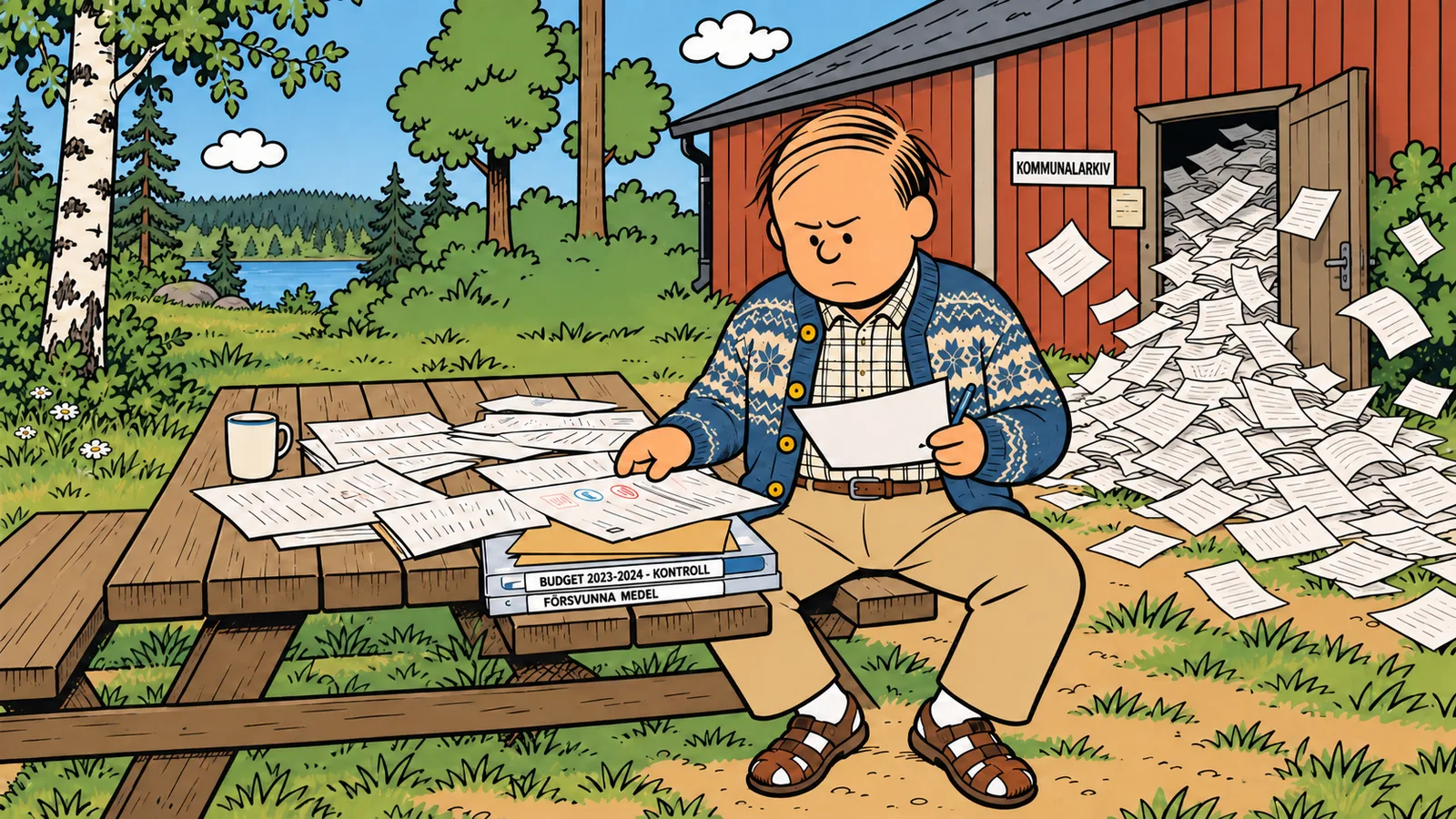 Illustration: en fundersam man vid ett picknickbord med kommunens papper utspridda framför sig, bakom honom ett rött arkiv som svämmar över av dokument