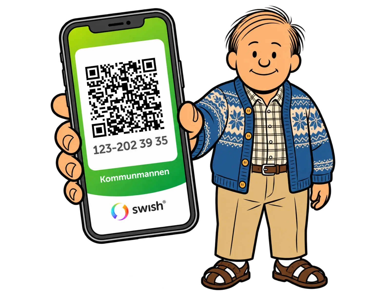 Illustration: Kommunmannen håller upp en mobil med Swish-QR-koden och numret 123-202 39 35